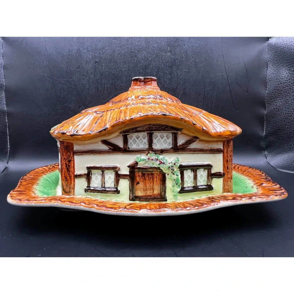Vtg J Shaw‎ Sons Burlington Ware Cottage Butter Dish Lid Tray Devon Cobb England